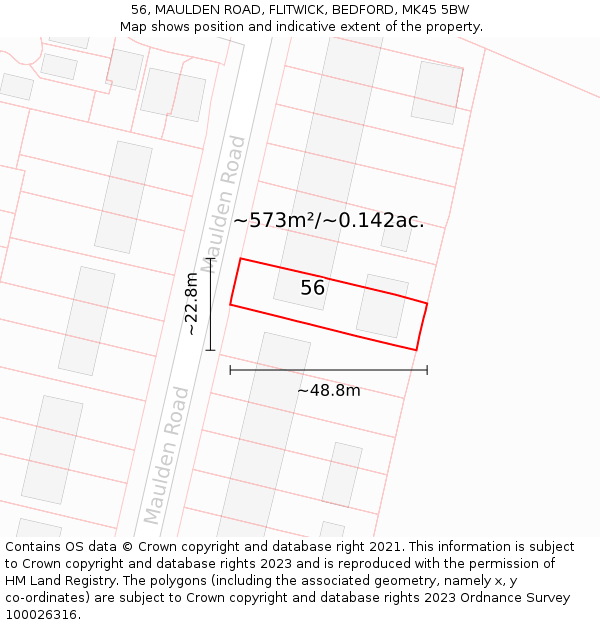56, MAULDEN ROAD, FLITWICK, BEDFORD, MK45 5BW: Plot and title map