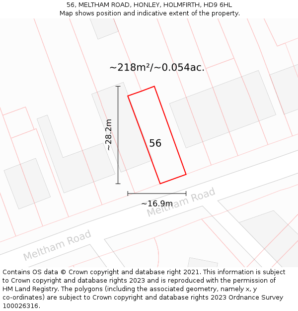 56, MELTHAM ROAD, HONLEY, HOLMFIRTH, HD9 6HL: Plot and title map