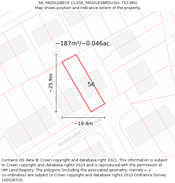 56, MIDDLEBECK CLOSE, MIDDLESBROUGH, TS3 8RG: Plot and title map