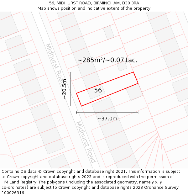56, MIDHURST ROAD, BIRMINGHAM, B30 3RA: Plot and title map