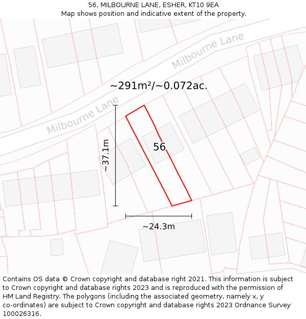 56, MILBOURNE LANE, ESHER, KT10 9EA: Plot and title map