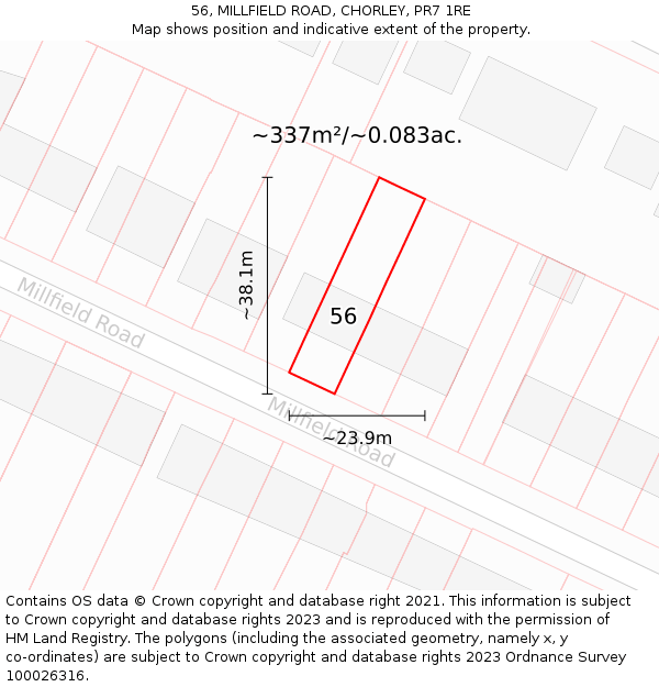 56, MILLFIELD ROAD, CHORLEY, PR7 1RE: Plot and title map