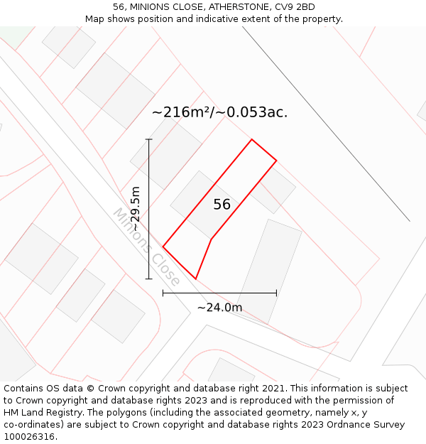 56, MINIONS CLOSE, ATHERSTONE, CV9 2BD: Plot and title map