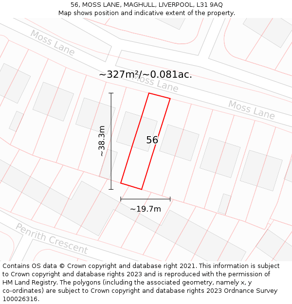 56, MOSS LANE, MAGHULL, LIVERPOOL, L31 9AQ: Plot and title map