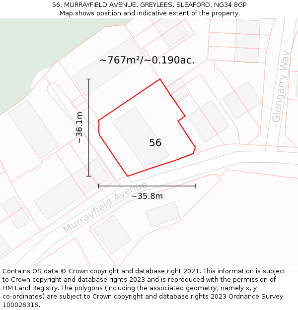 56, MURRAYFIELD AVENUE, GREYLEES, SLEAFORD, NG34 8GP: Plot and title map