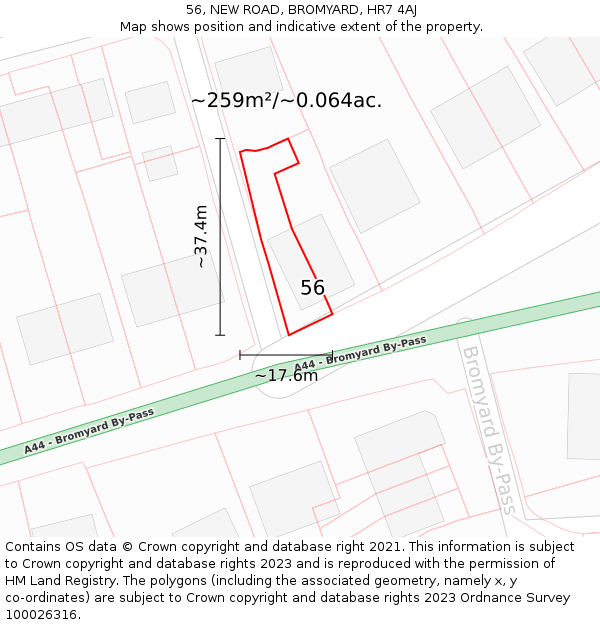 56, NEW ROAD, BROMYARD, HR7 4AJ: Plot and title map