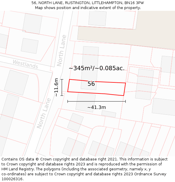 56, NORTH LANE, RUSTINGTON, LITTLEHAMPTON, BN16 3PW: Plot and title map