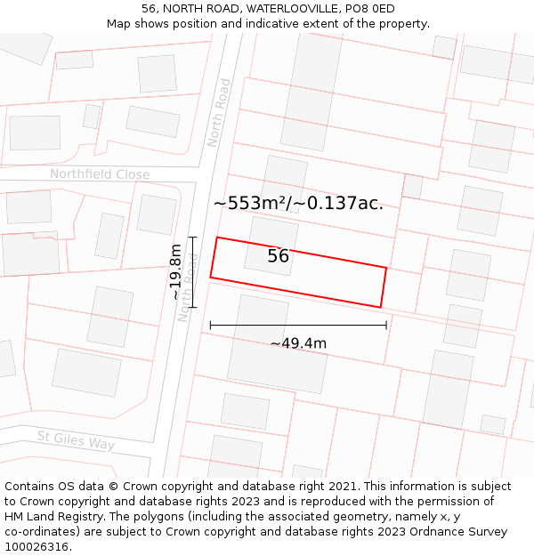 56, NORTH ROAD, WATERLOOVILLE, PO8 0ED: Plot and title map
