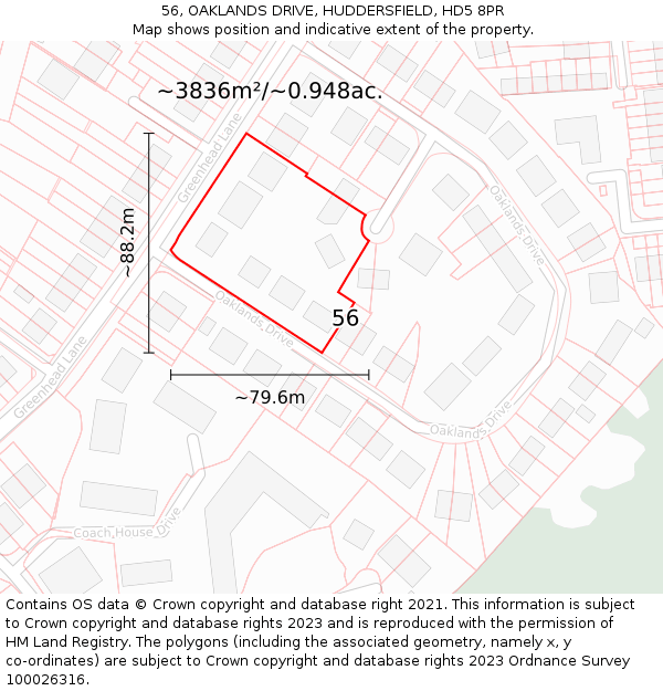 56, OAKLANDS DRIVE, HUDDERSFIELD, HD5 8PR: Plot and title map