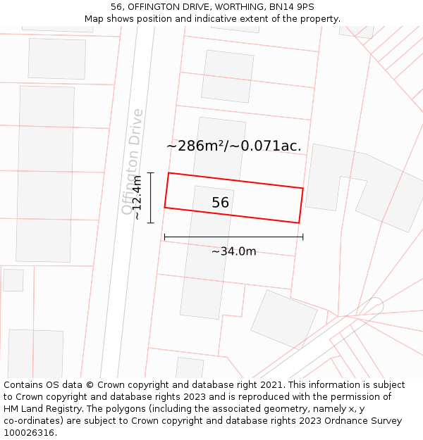 56, OFFINGTON DRIVE, WORTHING, BN14 9PS: Plot and title map