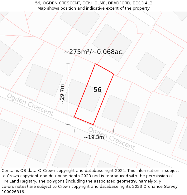 56, OGDEN CRESCENT, DENHOLME, BRADFORD, BD13 4LB: Plot and title map