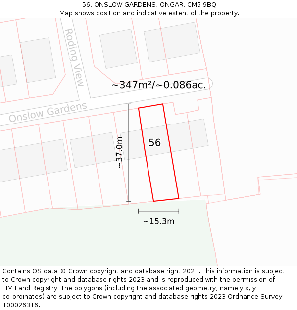56, ONSLOW GARDENS, ONGAR, CM5 9BQ: Plot and title map