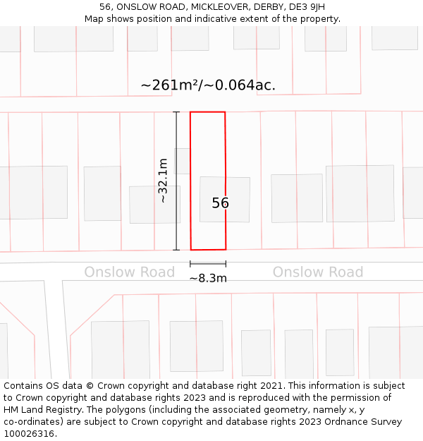 56, ONSLOW ROAD, MICKLEOVER, DERBY, DE3 9JH: Plot and title map