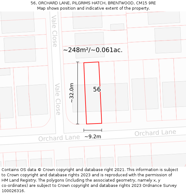 56, ORCHARD LANE, PILGRIMS HATCH, BRENTWOOD, CM15 9RE: Plot and title map