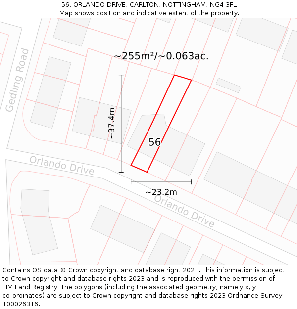 56, ORLANDO DRIVE, CARLTON, NOTTINGHAM, NG4 3FL: Plot and title map