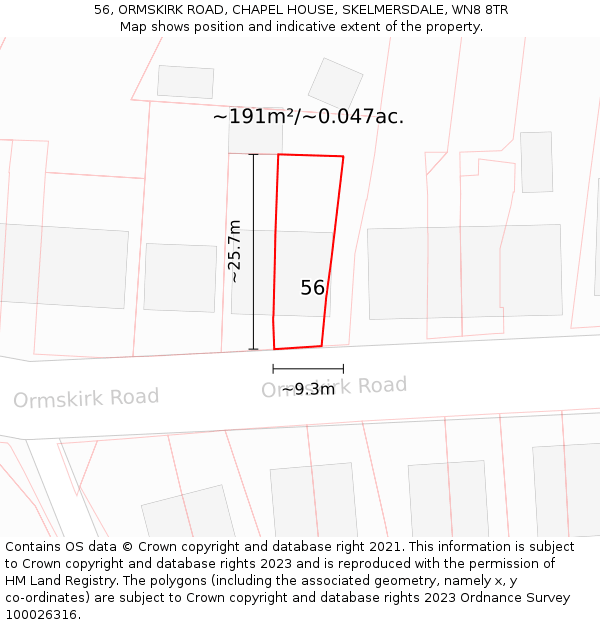 56, ORMSKIRK ROAD, CHAPEL HOUSE, SKELMERSDALE, WN8 8TR: Plot and title map