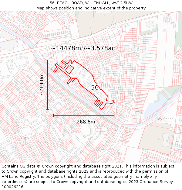 56, PEACH ROAD, WILLENHALL, WV12 5UW: Plot and title map