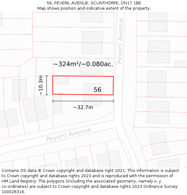 56, PEVERIL AVENUE, SCUNTHORPE, DN17 1BE: Plot and title map