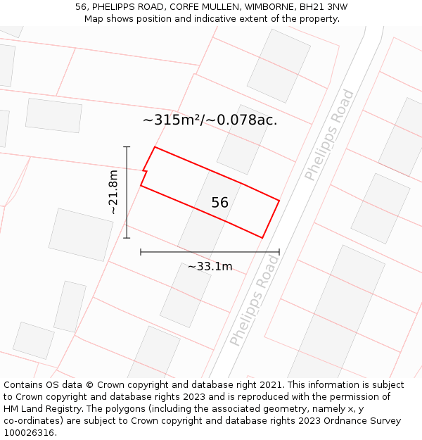 56, PHELIPPS ROAD, CORFE MULLEN, WIMBORNE, BH21 3NW: Plot and title map