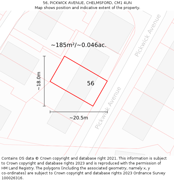 56, PICKWICK AVENUE, CHELMSFORD, CM1 4UN: Plot and title map