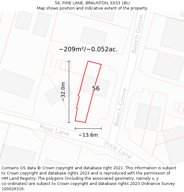 56, PIXIE LANE, BRAUNTON, EX33 1BU: Plot and title map