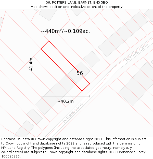 56, POTTERS LANE, BARNET, EN5 5BQ: Plot and title map