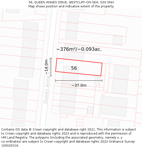 56, QUEEN ANNES DRIVE, WESTCLIFF-ON-SEA, SS0 0NH: Plot and title map