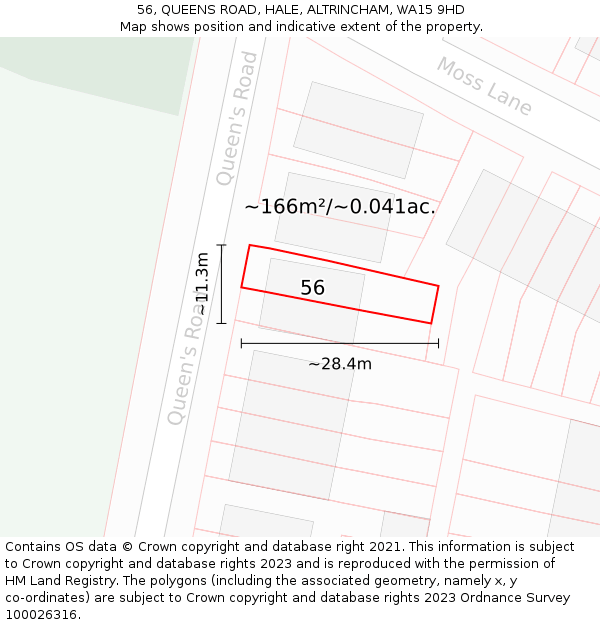 56, QUEENS ROAD, HALE, ALTRINCHAM, WA15 9HD: Plot and title map