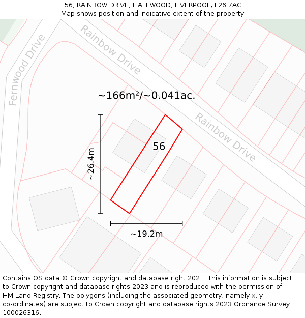 56, RAINBOW DRIVE, HALEWOOD, LIVERPOOL, L26 7AG: Plot and title map