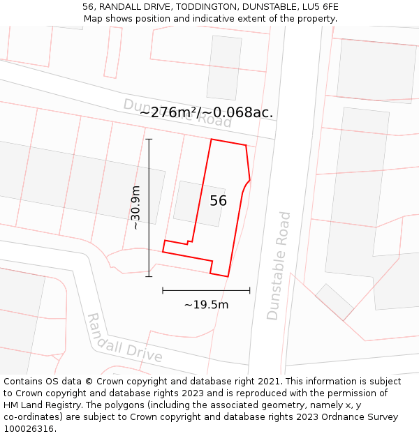 56, RANDALL DRIVE, TODDINGTON, DUNSTABLE, LU5 6FE: Plot and title map