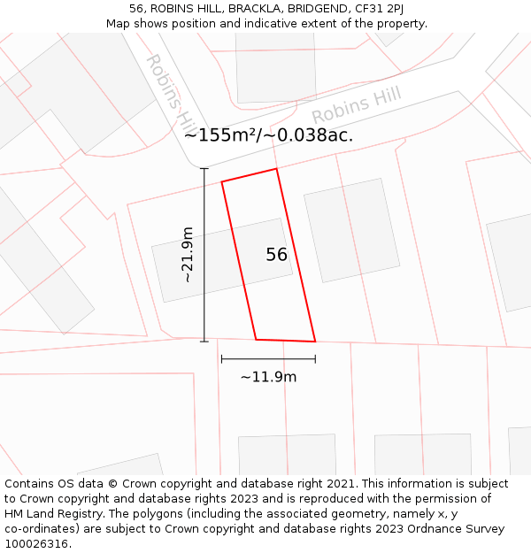 56, ROBINS HILL, BRACKLA, BRIDGEND, CF31 2PJ: Plot and title map