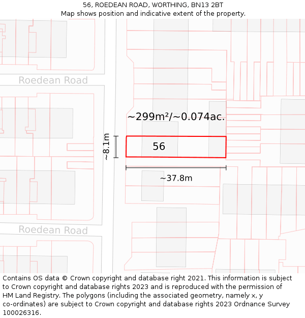 56, ROEDEAN ROAD, WORTHING, BN13 2BT: Plot and title map