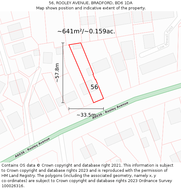 56, ROOLEY AVENUE, BRADFORD, BD6 1DA: Plot and title map