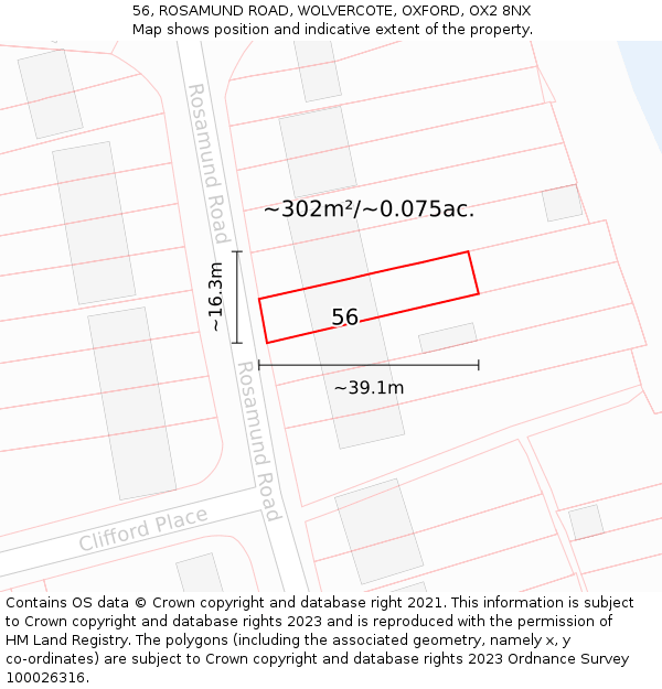 56, ROSAMUND ROAD, WOLVERCOTE, OXFORD, OX2 8NX: Plot and title map