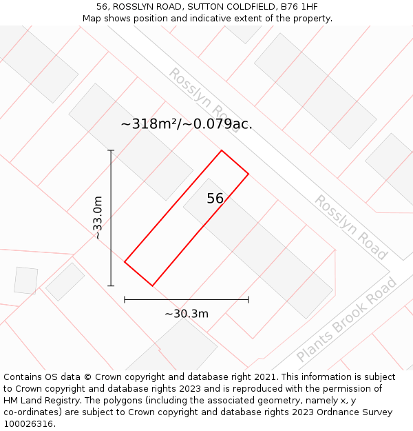 56, ROSSLYN ROAD, SUTTON COLDFIELD, B76 1HF: Plot and title map
