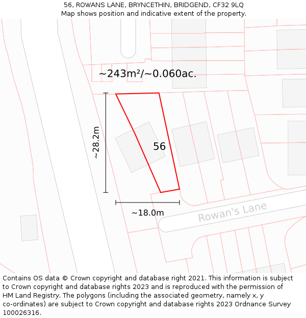 56, ROWANS LANE, BRYNCETHIN, BRIDGEND, CF32 9LQ: Plot and title map