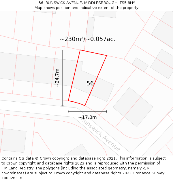 56, RUNSWICK AVENUE, MIDDLESBROUGH, TS5 8HY: Plot and title map