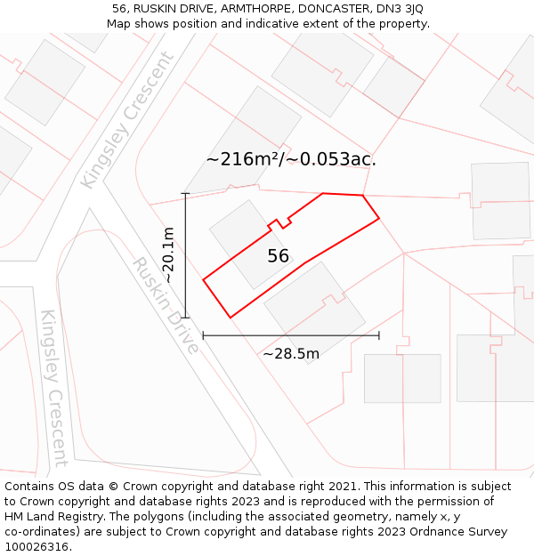 56, RUSKIN DRIVE, ARMTHORPE, DONCASTER, DN3 3JQ: Plot and title map