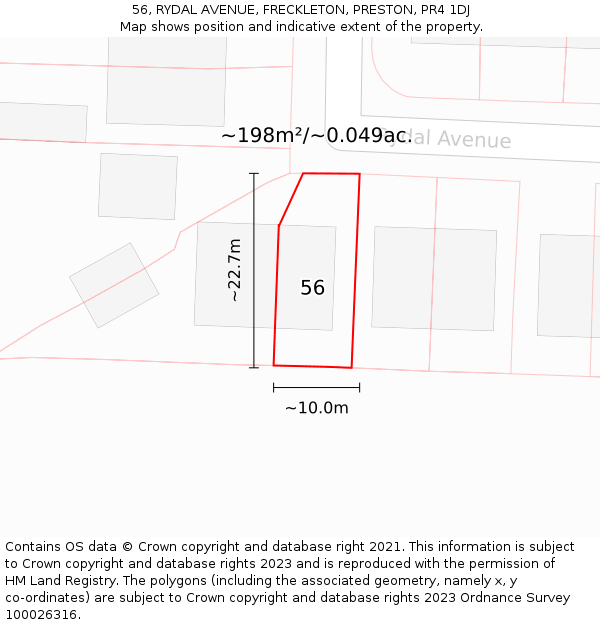 56, RYDAL AVENUE, FRECKLETON, PRESTON, PR4 1DJ: Plot and title map