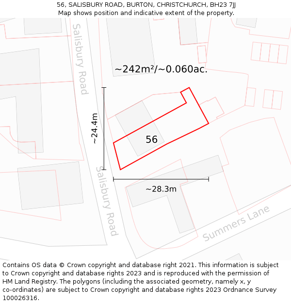 56, SALISBURY ROAD, BURTON, CHRISTCHURCH, BH23 7JJ: Plot and title map