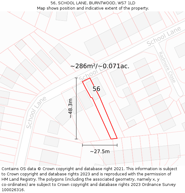 56, SCHOOL LANE, BURNTWOOD, WS7 1LD: Plot and title map