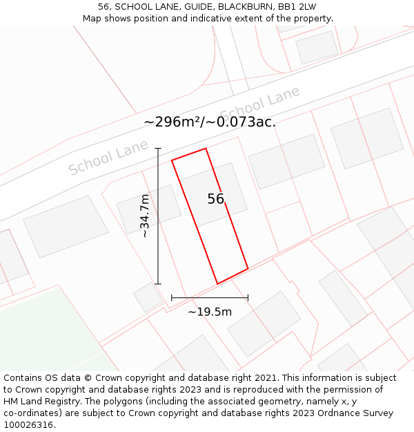 56, SCHOOL LANE, GUIDE, BLACKBURN, BB1 2LW: Plot and title map