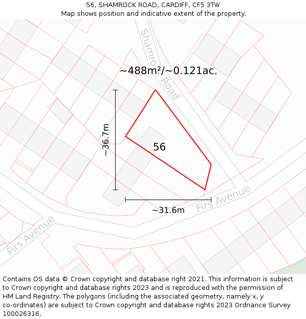 56, SHAMROCK ROAD, CARDIFF, CF5 3TW: Plot and title map