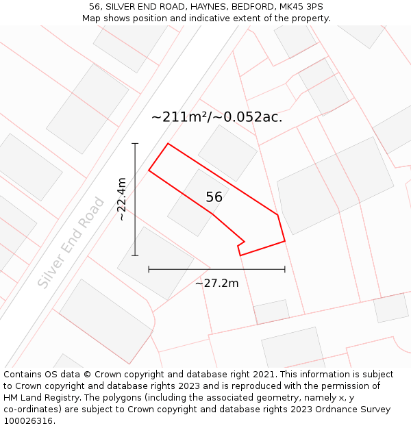 56, SILVER END ROAD, HAYNES, BEDFORD, MK45 3PS: Plot and title map