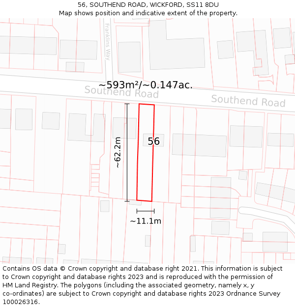 56, SOUTHEND ROAD, WICKFORD, SS11 8DU: Plot and title map