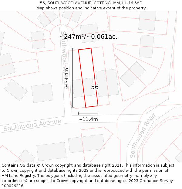 56, SOUTHWOOD AVENUE, COTTINGHAM, HU16 5AD: Plot and title map