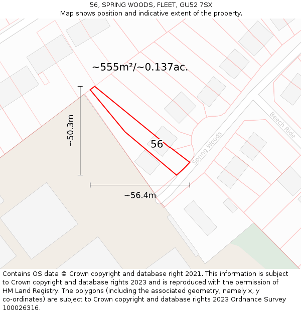 56, SPRING WOODS, FLEET, GU52 7SX: Plot and title map