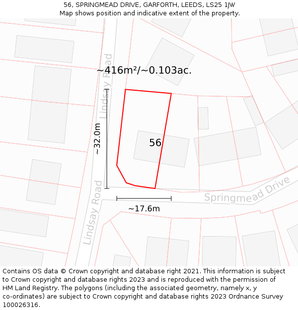 56, SPRINGMEAD DRIVE, GARFORTH, LEEDS, LS25 1JW: Plot and title map