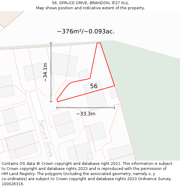 56, SPRUCE DRIVE, BRANDON, IP27 0UL: Plot and title map