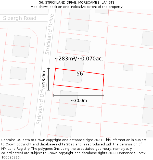 56, STRICKLAND DRIVE, MORECAMBE, LA4 6TE: Plot and title map